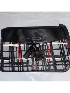 Vera Bradley Black, White & Red Plaid Leather Wristlet Crossbody